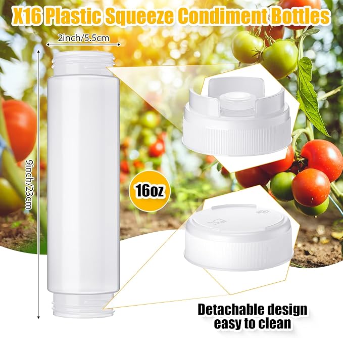 Roshtia 16 Pcs 16 oz Squeeze Bottle Condiment Squeeze Bottle Inverted Plastic Squeeze Bottle for Sauce Refillable Self Sealing Sauce Dispenser for Liquids Reusable Restaurants Kitchen(White) - Image 2
