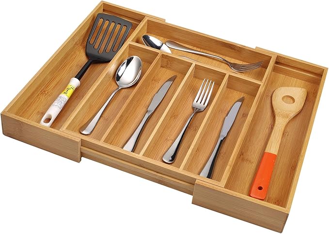 Utoplike Bamboo Cutlery Silverware Tray, Drawer Organizer Kitchen Utensils | Small Drawer Dividers for Flatware Tray Drawer Insert for knives, Gadgets and Garage Tools, Office Supplies, 5-7 Slots - Image 2