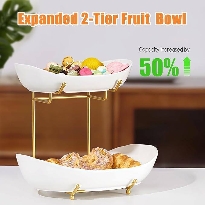 2 Tier Fruit Bowl, Ceramic Fruit Basket for Kitchen Counter | Fruit Holder for Kitchen, with Metal Stand, No Installation Required, Save Space, Easy to Clean, Modern, Gold&White, Large - Image 3