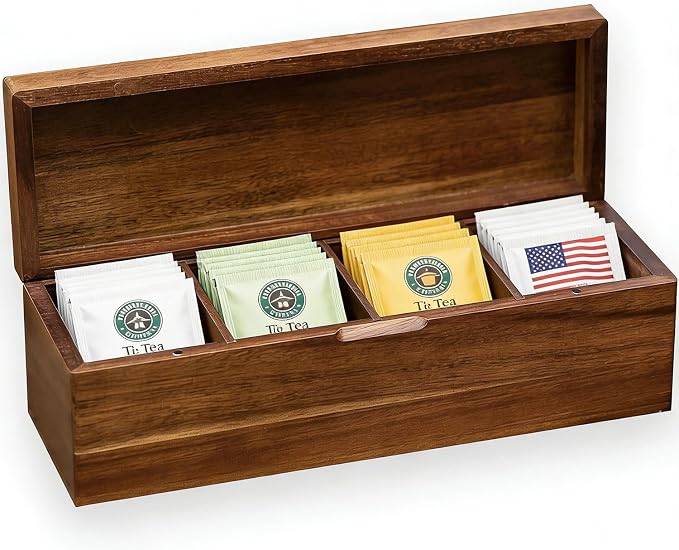 Acacia Wood Tea Bag Organizer with Compartments | Tea Packet Storage Boxes & Display Caddy, Multi-Slot Teabag Holder Container Chest, For Countertop, Organizador de Té by liberty
