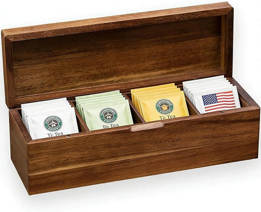 Acacia Wood Tea Bag Organizer with Compartments | Tea Packet Storage Boxes & Display Caddy, Multi-Slot Teabag Holder Container Chest, For Countertop, Organizador de Té by liberty
