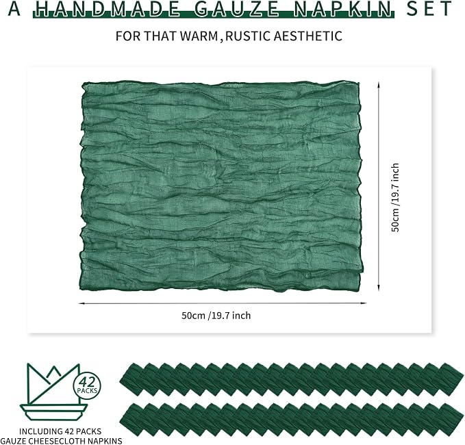 42 Packs Gauze Cheesecloth Napkins 20 x 20 Inch Emerald Green Wrinkled Dinner Napkins, Dark Green Rustic Boho Soft Cloth Napkin for Wedding Party Event Dinner Table Decoration - Image 2