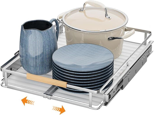 Expandable Pull Out Cabinet Organizer, 12.3"-18.5" W x 22.5''D | 1Pack, Stainless Steel Slide Out Drawers, Heavy Duty Drawer Slides, For Kitchen Pantry Cupboard Pots Pans, Adjustable Width by DPZM