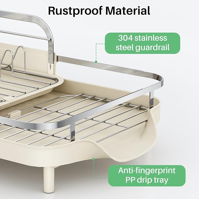 SAYZH Expandable Dish Drying Rack for Small Kitchen Counter, Beige | Stainless Steel, Protective Guardrail, Angled Drainboard, Fits High-Rim Sinks, Removable Utensil Holder - Image 3