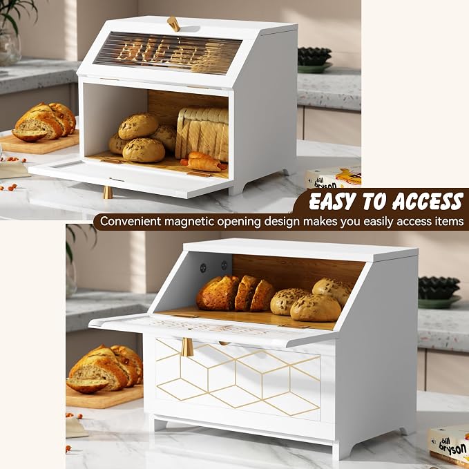 HOLTICO Double Layer Bread Box With Golden Trim for Countertop, Wooden Bread Container for Kitchen Counter, Corner Bread Storage (White) | Wooden Bread Container for Kitchen Counter, Large Capacity Bread Keeper, Farmhouse Food Organizer with Glass Window - Image 3