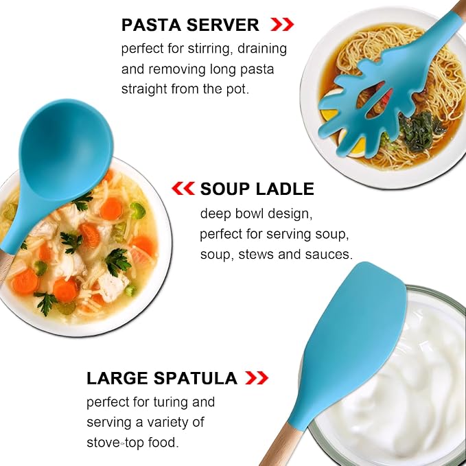 Kitchen Utensils Set 6-Piece Non-Stick Silicone Cooking Utensils Set, Wood Handle Heat Resistant Spatula Spoon Turner Ladle Pasta Server Cooking Kitchen Gadgets BPA Free for Nonstick Cookware - Image 4