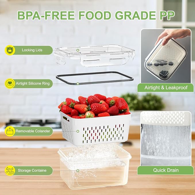 CAPHONT Fruit Containers for Fridge 6 Pcs 2-in-1 Large Fridge Food Storage Container Set with Lids with Strainer 6 Size Clear Vegetable Storage Containers Keep Fruits, Vegetables, Meat Fresh Longer - Image 4