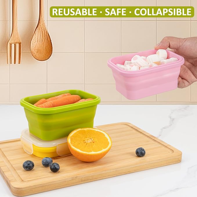 Reusable Silicone Snack Sontainers with Lids, 14oz, Small Collapsible Food Storage Containers for Meal Lunch Small Portion, Stackable, Space Saver for RV, Travel, Microwave Dishwasher Safe, 6 Pack - Image 4