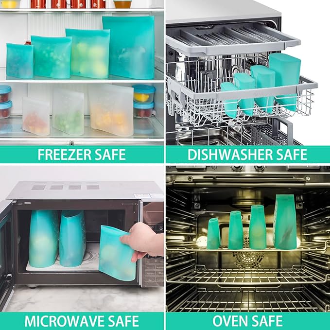 Reusable Storage Bag, 8 Pack 100% Silicone Food Storage Bags Stand Up Zip Lock Bags for Food Container, Freezer Microwave Oven Dishwasher Safe, 2 X-Large(0.8 Gallon) 2 Medium 2 Small 2 X-Small, Aqua - Image 6