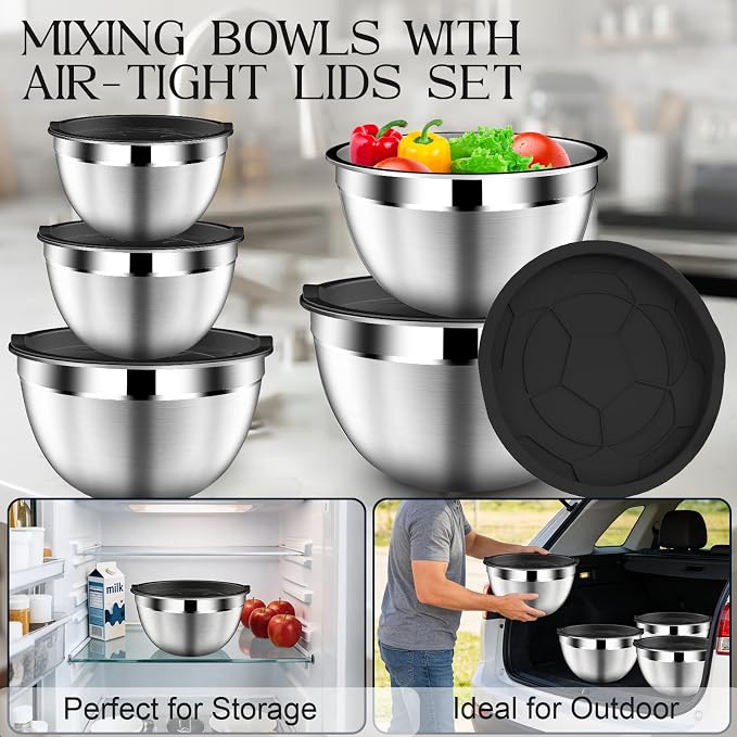 DUTZUN Stainless Steel Mixing Bowls with Airtight Lids Set of 5, Black | Kitchen Appliances Essential Gifts for Mixing, Baking, Prep, Salads, Serving, Cooking - Image 3