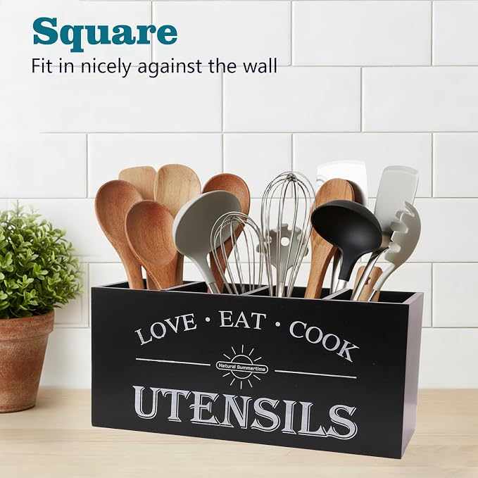 2 PC Wooden Utensil Holder,（With 4-Compartments size*1 + 3-Compartments size*1） Extra Large Kitchen Counter,Cooking Spatula Organizer,Farmhouse Decor, Rustic Cooking Utensil - Image 5