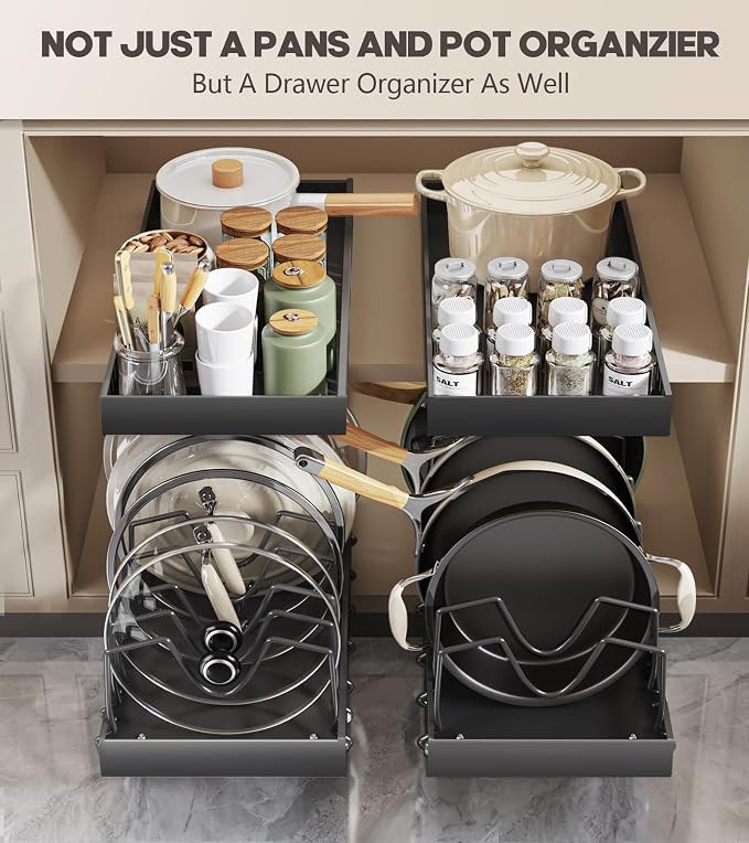 Lozovin Pull Out Pots and Pans Organizer Under Cabinet, Sliding Lid Holder and Pan Rack in Kitchen, Slide Out Inside Cabinet Storage for Pot Lid, Bakeware, Dishes, 8 Adjustable Dividers, 2 Pack Black - Image 5