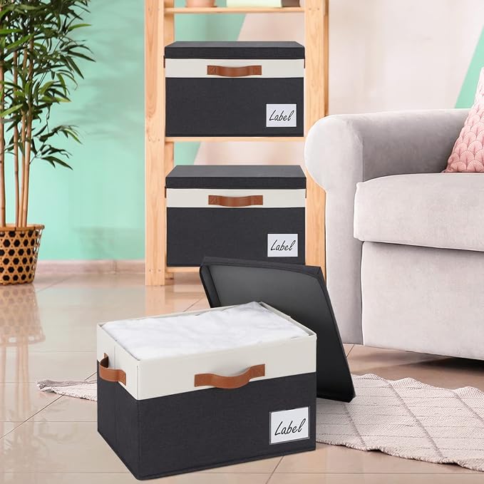 GhvyenntteS Extra Large Storage Bins with Lids, Foldable Fabric Storage Boxes with Lids and Handles, Storage Baskets with Lid and Label for Home Office (3 Pack, Black, 15.75" x 11.8" x 10.2") - Image 6