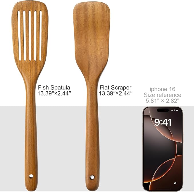Wooden Spoons for Cooking, 2-Piece Teak Wood Kitchen Utensil Set, Nonstick Safe Wooden Spatulas, Smooth Heat-Friendly Cooking Utensils for Everyday Meals (A02) - Image 7