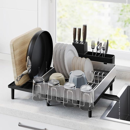 SONGMICS Large Dish Drying Rack, Expandable Dish Dryer for Kitchen Counter, Stainless Steel Dish Rack with Rotatable Spout, Utensil, Cup, Glass, Cutting Board, Pan Holders, Silver and Black UKCS037B01 by Unknown