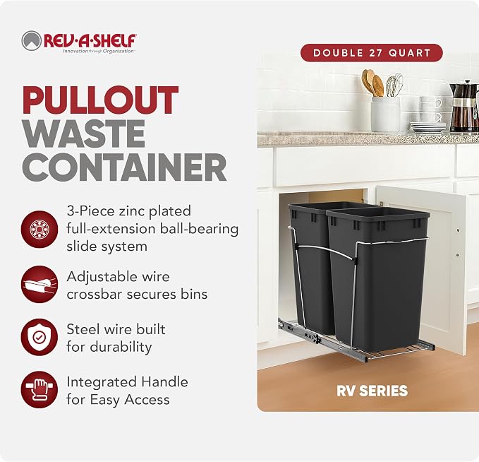 Rev-A-Shelf Double 27 Qt Pullout Trash Can for Base Kitchen Cabinets, Garbage Waste Bin System with Full Extension Slides, Min Opening Width of 11.5", Black, RV-15KD-18C S - Image 2