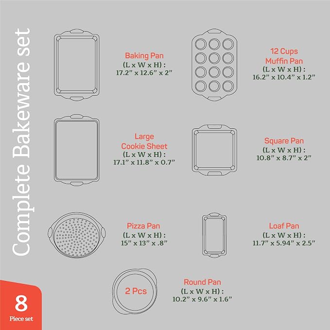 Emporio Kitchen Baking Pan Set - Nonstick Coating, Carbon Steel Bakeware Sets with Gray Silicone Handles, PFOA, PFOS, PTFE Free, Recipe Booklet Included, Oven Safe Tray (Up To 450° F), Set of 8 - Gray - Image 2