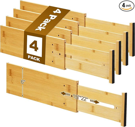 DoubleFill 4 Pcs 6 Inch High Drawer Dividers 15"-22" Adjustable Bamboo Drawer Dividers Deep Expandable Dresser Organizer with Spring Loaded for Bedroom Bathroom Kitchen Office(Wood Color) by DoubleFill