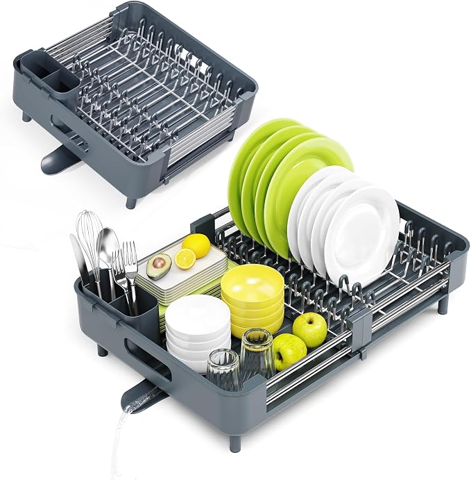 Urackify Extendable Stainless Dish Drying Rack for Kitchen Counter | 13.78"W x 18.7"L, Foldable Drainboard for Space Saving, Knife and Utensil Holder, Fast-draining Spout, Dark Slate Teal - Image 9