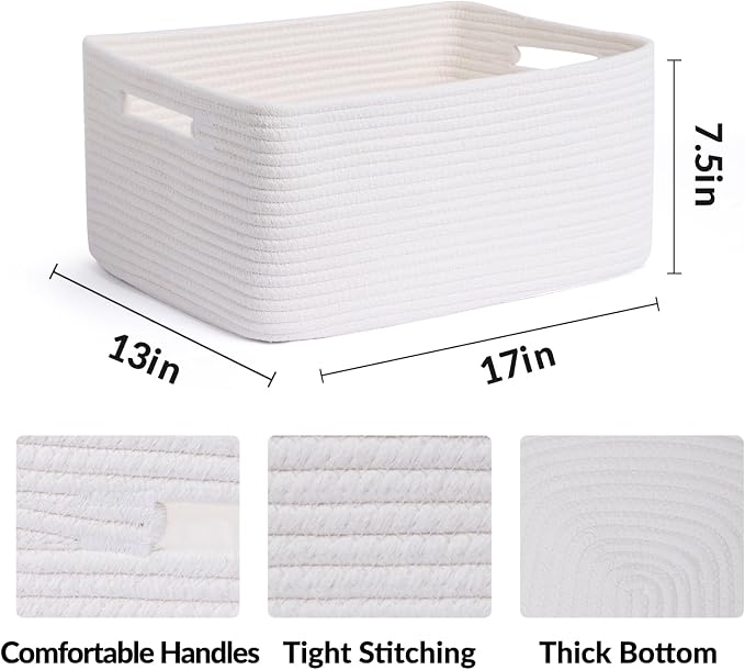 MiniArk Large Storage Baskets for Shelves, 17 x 13 x 7.5” Closet Organizers Bins for Clothes Blanket Towels, Baby Nursery, Toy Baskets Box, Woven Rope Baskets, 2 Packs Off White - Image 2