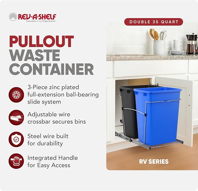 Rev-A-Shelf Double Pullout Garbage Trash Cans for Kitchen Cabinets, 35 Qt | Large Capacity Waste/ Recycling Bins, Heavy Gauge Wire Construction, with Full Extension Slides, Blue/Black, RV-18KD-2218C-S - Image 2