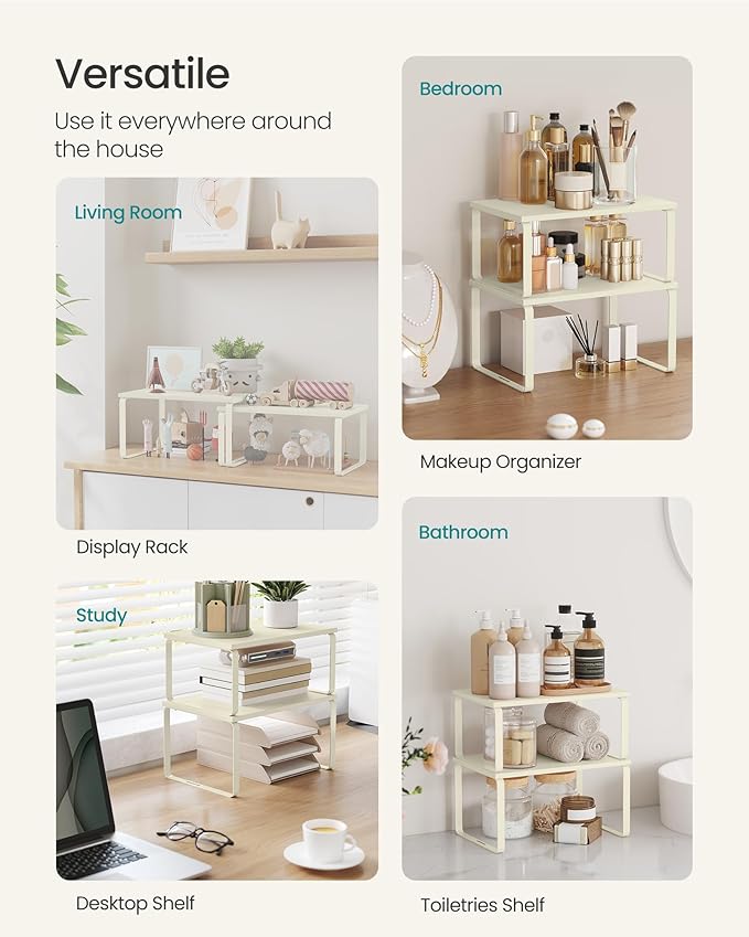 SONGMICS Cabinet Organizer Shelf, Set of 2 Kitchen Counter Shelves, Kitchen Storage, Spice Rack, Stackable, Expandable, Metal and Engineered Wood, 11.7 Inches, Cream White UKCS002W02 - Image 5