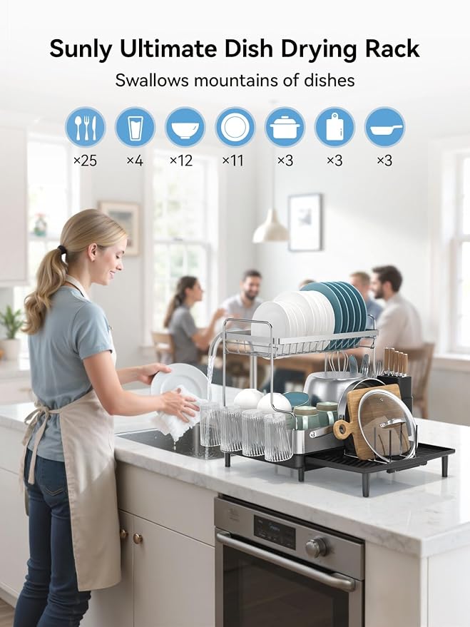 2 Tier Dish Drying Rack, Extra Large Dish Rack, Expandable Dish Racks for Kitchen Counter, Multifunctional Large Dish Drainers for Kitchen Counter, Black - Image 2