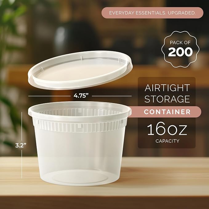 200 PACK (400 SETS) of 16 oz. Plastic Food Containers with Lids | Airtight, Microwave, Dishwasher, & Freezer Safe | Meal Prep, Disposable, Takeout Deli Soup Slime Round Food Storage Box - Image 2