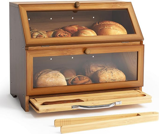 MAISONPEX Double Layer Bamboo Bread Box for Kitchen Countertop, Large Capacity, Cutting Board, Stainless Steel Bread Knife, Double Layer Storage Container with Clear Windows, Walnut by MAISONPEX