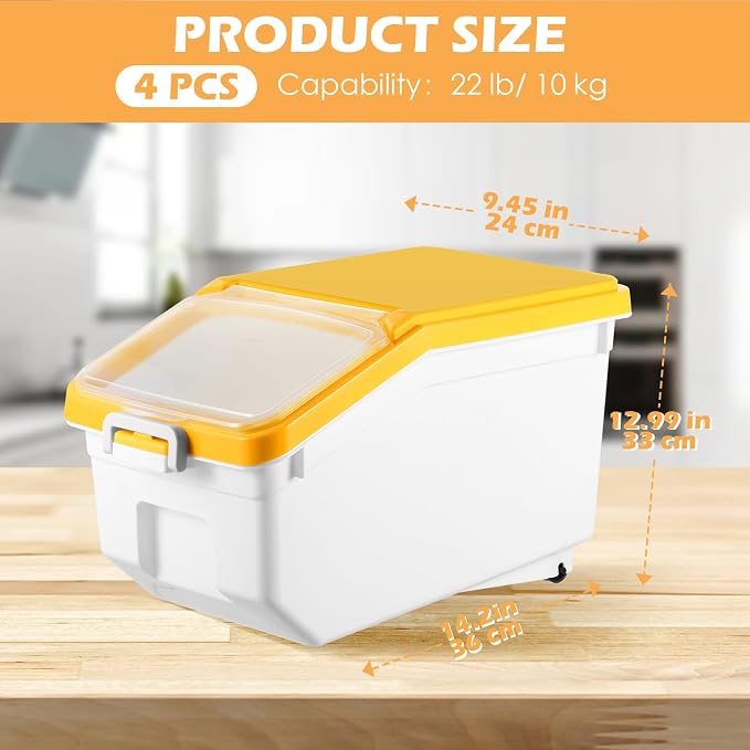 4 Pcs Rice Storage Containers Bulk Flour Sugar Container Wheels Measuring Cups Set Airtight Pet Dog Cat Birds Food Bin Grain Cereal Organizer Box for Dry Baking(Yellow,22 lb) - Image 2