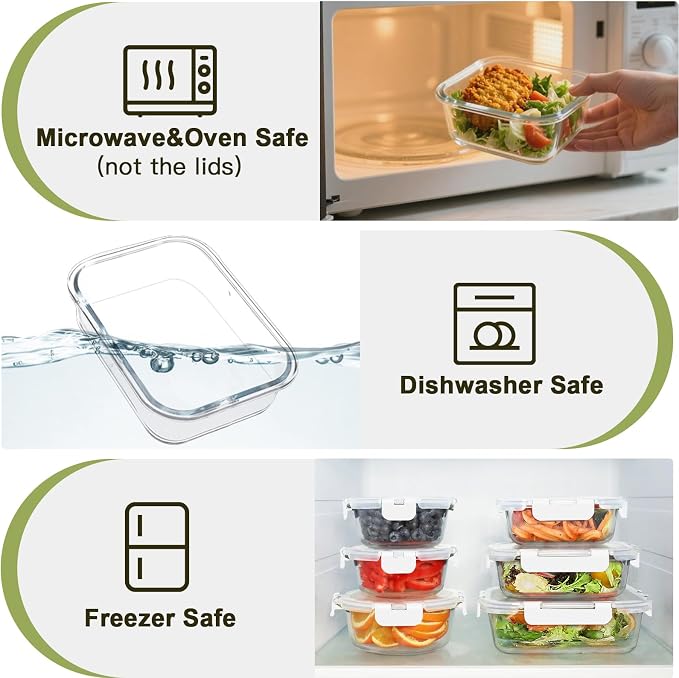 BAYZZ 30 Piece Glass Food Storage Containers Set, Glass Meal Prep Containers with Lids, Airtight Lunch Box, BPA-Free, Microwave, Freezer & Dishwasher Safe,White - Image 3