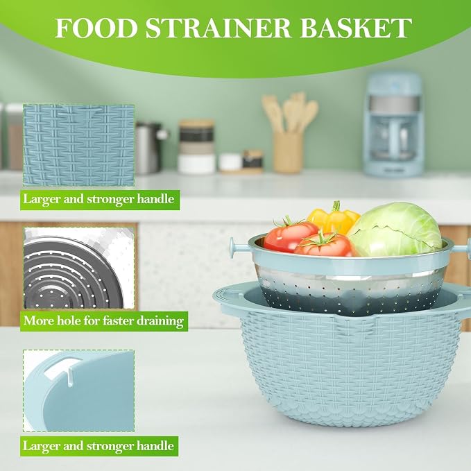 4 in 1 Kitchen Colander with Mixing Bowl Set Rotatable Multi-functional Food Strainer and Basket Colander Fruit Vegetable Grater Rice Strainer Salad Spinner Slicer Washing Bowl - Image 2