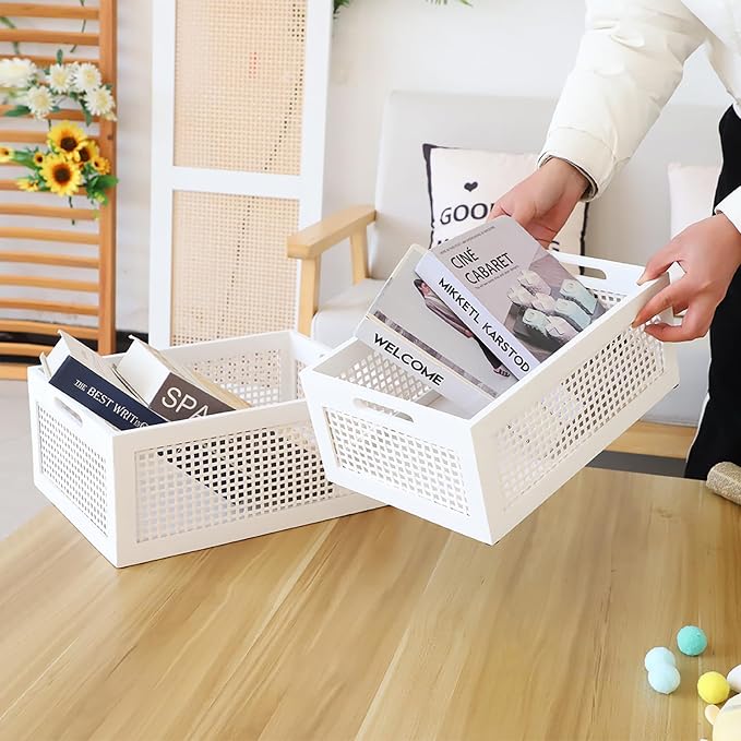 Desktop Storage Basket, Sundry Office Drawer Storage Box, Wood Frame Storage Basket. (White-Set2) - Image 6