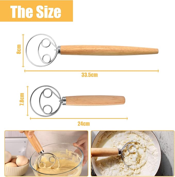 Danish Whisk 2 Pieces Danish Dough Whisk (33 cm & 24 cm) Stainless Steel Wire with Comfortable Wooden Handle Dutch Whisk for Making Cakes Cooking and Baking Sweets - Image 2