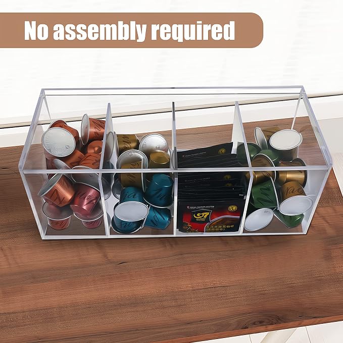 Coffee Pod Holder, Organizer for K Cup, Storage for Coffee Station Counter, Compatible with Nespresso Capsule& Keurig Pods, Coffee Bar Accessories, Acrylic 4 Compartment with Lid - Clear - Image 3