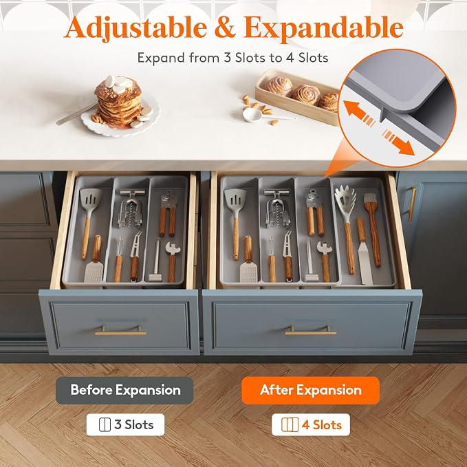 Lifewit Utensil Organizer for Kitchen Drawer, Expandable Cooking Silverware Tray, Adjustable Cutlery Flatware Holder, Plastic Spatula Tools Storage Divider, 17.3 x 15.8", Gray - Image 4