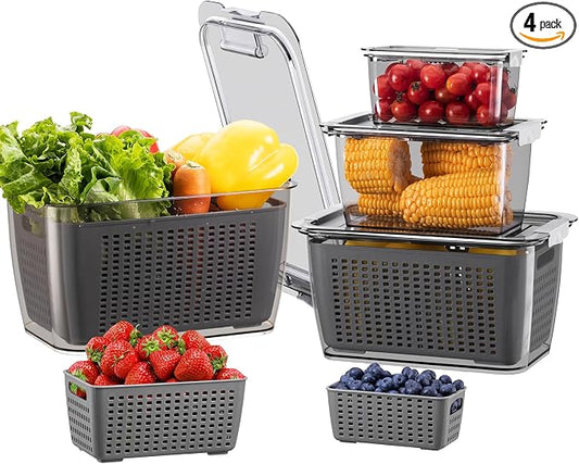 LUXEAR 4 Pack Fruit Containers for Fridge, Vegetable Storage Container with Lids &Removable Colander Produce Saver Organizer for Refrigerator Keep Fruit, Veggie, Berry, Meat Fresh Longer-Grey by Luxear