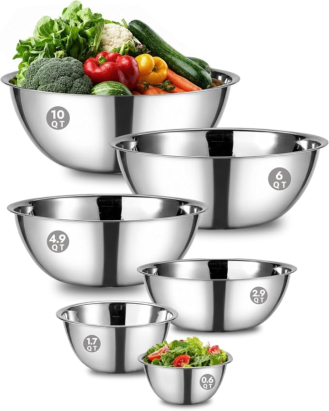 6 Piece Stainless Steel Mixing Bowls Set (0.6–10 QT) | Heavy-Duty Nesting Metal Bowls, 0.6, 1.7, 2.9, 4.9, 6, 10 QT, Flat Base, For Baking, Cooking, Salad Tossing & Meal Prep - Image 2
