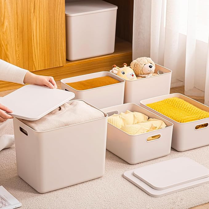 6 piece Plastic Storage Baskets Boxes with Lids,14.4x10.2x11.8 Inch Stackable Organizing Bins with Handles,Versatile Containers for Pantry,Bathroom,Closet Shelves Desktop (Light grey, 4XXL+2XL) - Image 2