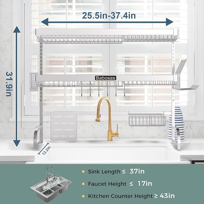 Over The Sink Dish Drying Rack,3 Tier Adjustable Length (25.5'' to 37.4'') Full Stainless Steel Large Storage Kitchen Dish Rack,For Kitchen Counter Expandable Multifunctional Organizers,Silver - Image 7