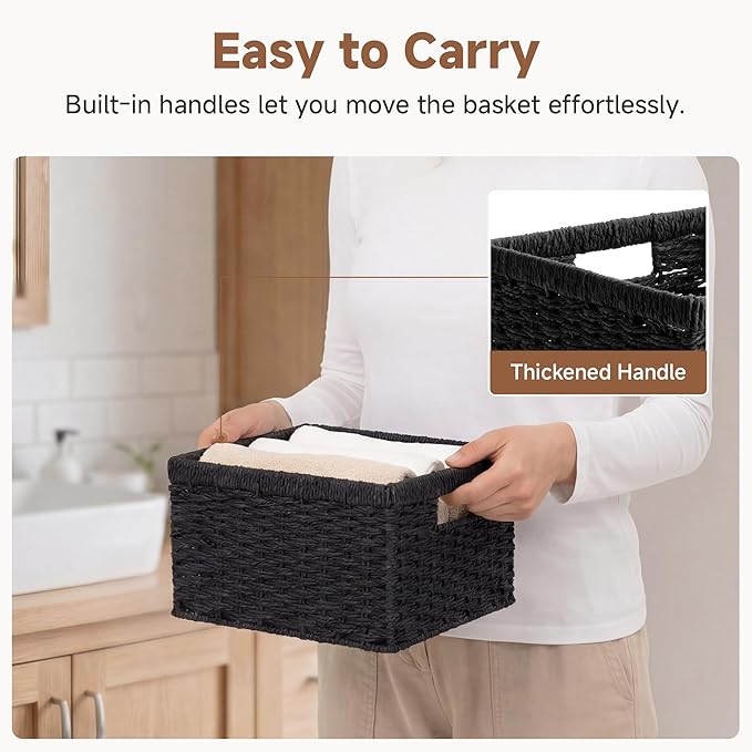 StorageWorks Wicker Baskets with Handles, Paper Rope Black Baskets, 2-Pack | Wicker Storage Baskets for Organizing, Wicker Storage Baskets for Shelves, Pantry Organizers and Storage,Black Wicker Baskets - Image 3