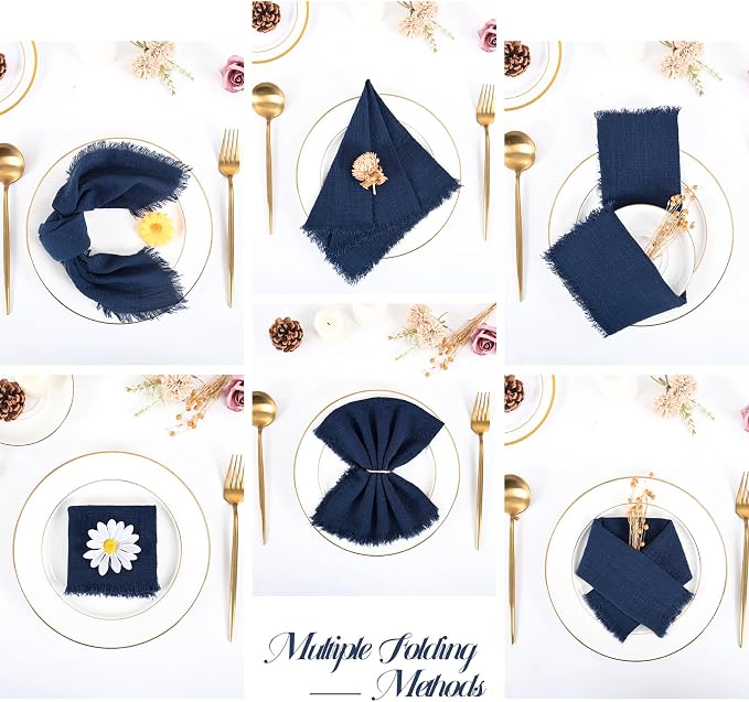 36 Pack Navy Blue Cloth Napkins, 16 x 16 Inch Cotton with Fringe Settings | Handmade washable reusable cotton dinner napkins in bulk for weddings, parties, rustic boho table settings - Image 3