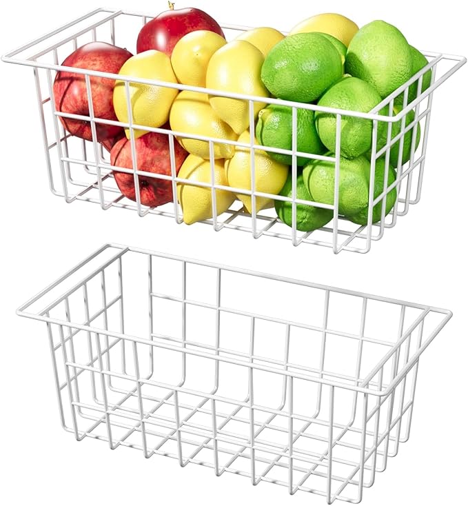 Slideep Chest Freezer Organizer Bins 16.5 Inch, Deep Upright Freezer Baskets Metal Wire Storage Container for Kitchen, White, Set of 2 - Image 2