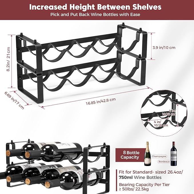 Stackable Wine Rack Countertop, 8 Bottles Wine Bottle Holder for Inside Cabinet, Small Tabletop Wine Holder Stand for Pantry Bar, 2-Tier Angle Adjustable Wine Bottle Rack for Tight Spaces - Image 3