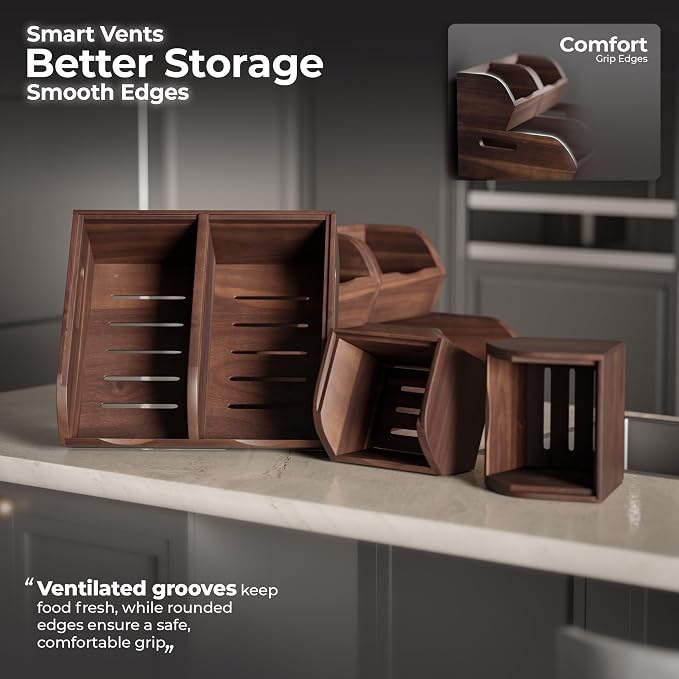 Acacia Potato and Onion Storage Bin - Stackable Wooden Storage Bins with Airflow Vent - Onion and Potato Storage Baskets for Kitchen Countertop Storage Organizer - Image 7