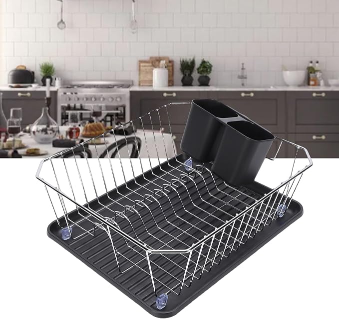 Asixxsix Dish Drying Rack, Anti Rust Coated Dish Drainer with Utensil Holder and Drainboard, Sink Organization and, 14" x 12" x 5" for Home and Apartment Decor (Silver) - Image 4