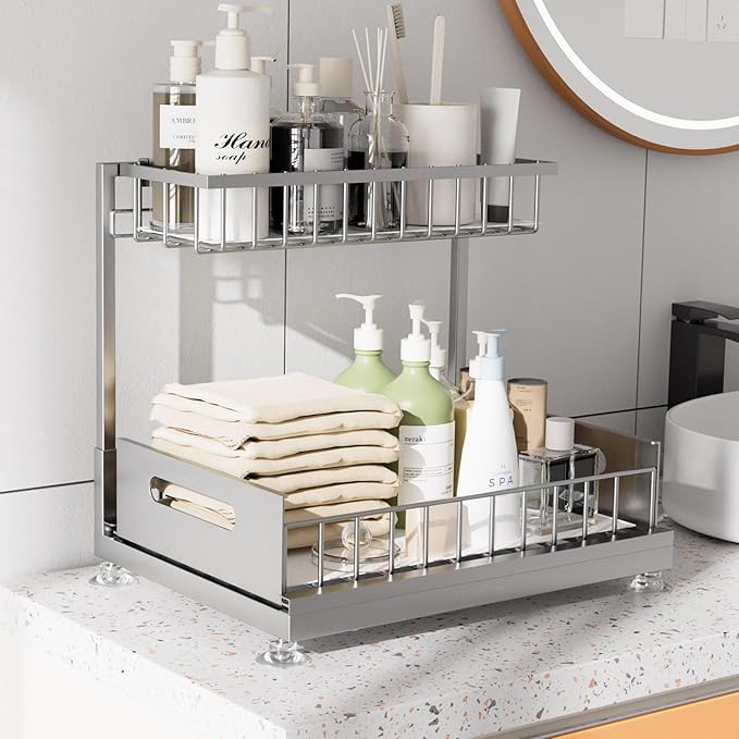 2-Pack L-Shaped Under Sink Organizer, 2-Tier Pull-out Cabinet Rack | Grey Height-Adjustable Steel Rack, Sliding Grid Drawers with PP Liners, Holds 100 Lbs, Suction Base, Ideal Kitchen Storage - Image 3