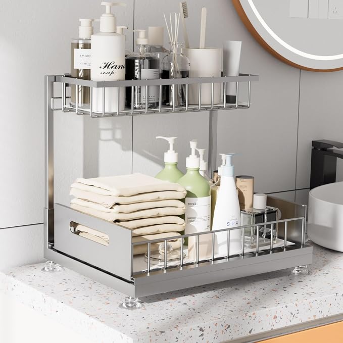 L-Shaped Under Sink Organizer, 2-Tier Pull-out Cabinet Rack 1-Pack | Grey Height-Adjustable Steel Rack, Sliding Grid Drawers with PP Liners, Holds 100 Lbs, Suction Base, Ideal Kitchen Storage - Image 3
