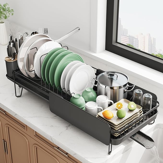 Large Expandable Dish Drying Rack for Kitchen Counter, 19.3-29.4 in, Black | Family Size Capacity, Adjustable Dividers for Pan, Lid & Cutting Board, Stainless Steel, Rotating Spout, Utensil Holder by SNTD