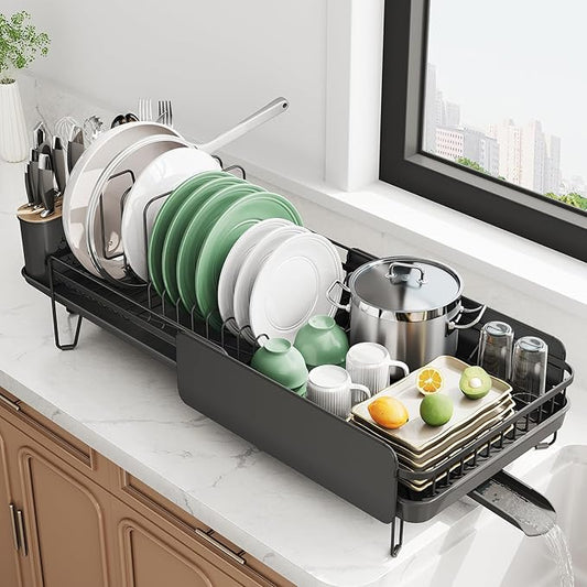 Large Expandable Dish Drying Rack for Kitchen Counter, 19.3-29.4 in, Black | Family Size Capacity, Adjustable Dividers for Pan, Lid & Cutting Board, Stainless Steel, Rotating Spout, Utensil Holder by SNTD